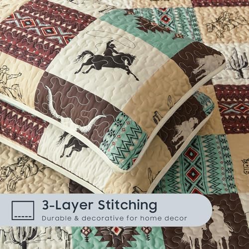 Wake In Cloud - Western Quilt Set, Southwestern Aztec Country Horse Cowboy Rustic Ranch Pattern Printed, Reversible Lightweight Bedspread Coverlet, 3 Pieces, Turquoise Taupe, Queen/Full Size