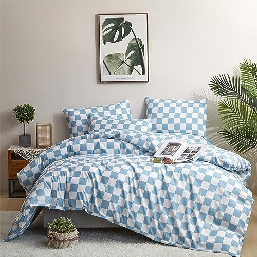 Wellboo Blue White Plaid Comforter Sets California King Women Men Light Blue and White Checkerboard Grid Bedding Comforters Cal King Cotton Dusty Blue Checkered Geometric Quilts Luxury Sky Blue Bed