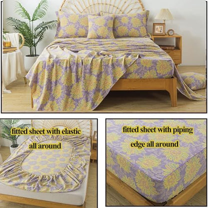 FADFAY Sunflower Sheets Set King Vintage Yellow Purple Floral Bedding Shabby Farmhouse Bedding Super Soft Washed Double -Layer Muslin Sheets 100% Cotton Deep Pocket Fitted Sheet 4Pcs, King Size
