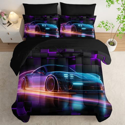 HOSIMA 7Pcs Boys Geometric Pattern Race Car Twin Comforter with Sheet Set.