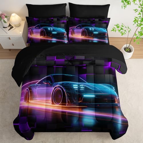 HOSIMA 7Pcs Boys Geometric Pattern Race Car Queen Comforter with Sheet Set.