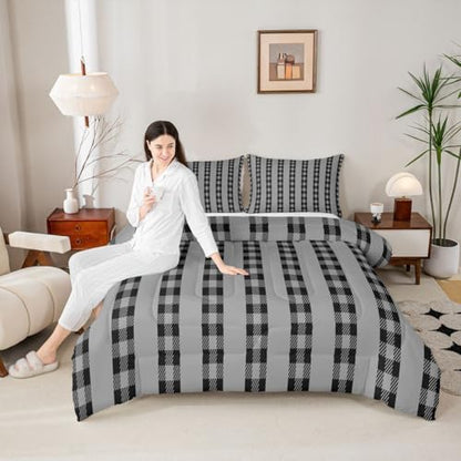 jejeloiu Black Plaid Bedding Set Soft for Boys Girls, Stripes Comforter Set King Size Check Checkered Duvet Quilt Microfiber Grid Geometric Bedroom Decor 3 Pcs with 2 Pillow Cases