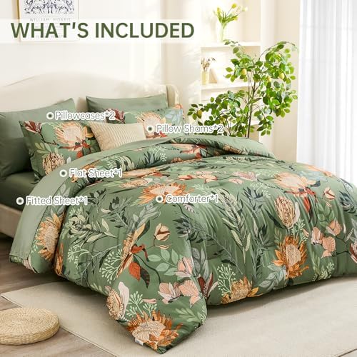 Luxudecor Floral Comforter Set Queen Bed in a Bag Set,7 Pieces Green Floral Comforter and Sheet Set,Soft Microfiber Bedding Sets for All Seasons (Green,90"X90")