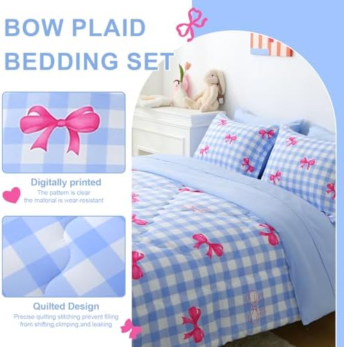 Wajade Bow Comforter Set 7 Piece Blue White Plaid Comforter Sets for Girls Kids Queen Size Checkered Bedding Set with Sheet and 2 Pillowcases 2 Pillow Shams Cute Girls Bed in a Bag as Birthday Choice