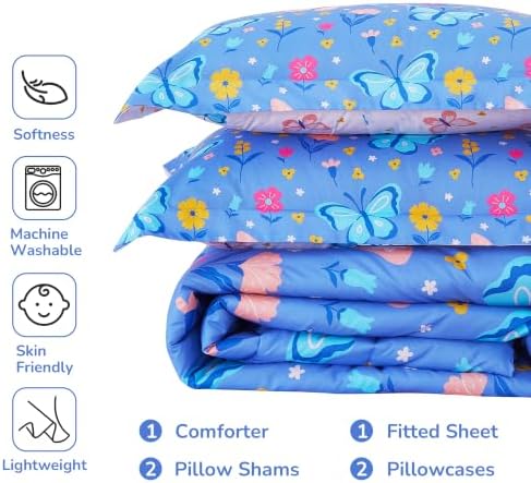 Viviland Kids Bedding Set Twin Size Comforter Sets, Bed in Purple Butterfly Cover Set for Children