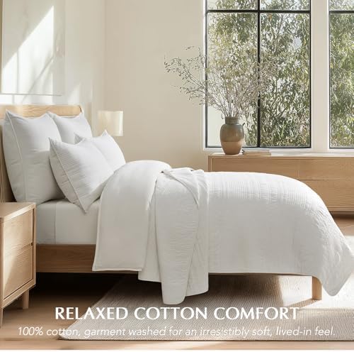 EVERGRACEHOME 100% Cotton Modern Lines Quilt Set King Size, Warm White