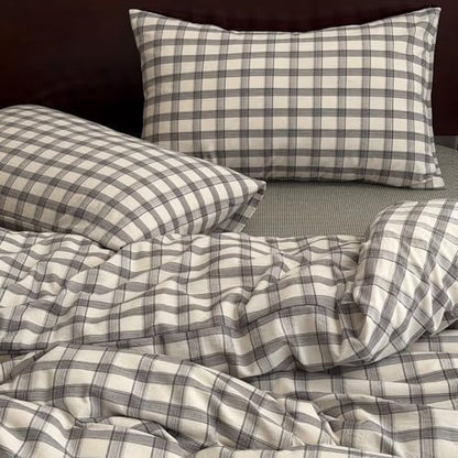 Mucalis Grey Gingham Plaid Duvet Cover King 100% Washed Cotton White Checkered Duvet Cover Set Linen Like Vintage 3 Piece Grid Bedding with Zipper Closure Corner Ties,Durable,Easy Care