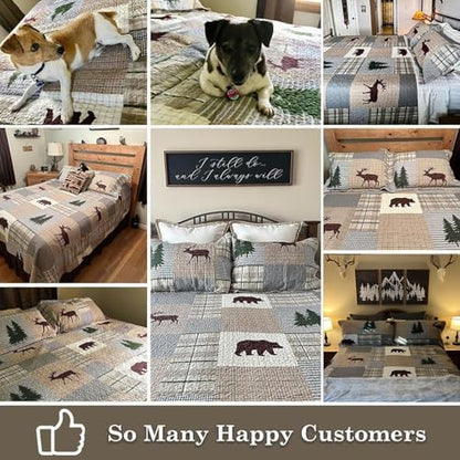PERHOM Quilt Queen Size - 100% Cotton Lightweight Cabin Plaid Queen Quilt Bedding Set, Forest Tree Brown Bear Deer Patchwork Reversible Bedspread/Comforter Set with 2 Pillow Shams, 3PCS