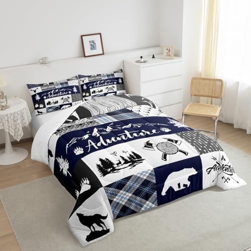 Castle Fairy Deer Bear Full Size Comforter Set,Rustic Farmhouse Wildlife Patchwork Blue Bedding Comforters Bedroom Collection,Camping Cabin Decor Boho Aztec Tribal Bedding Set for Girls Teens