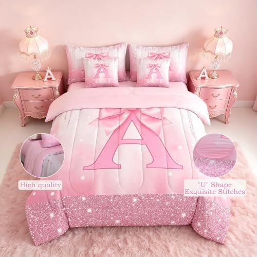 Feelyou Kids Pink Bowknot Bed in A Bag Full Size, Personalized Initial A Comforter Set with Sheets Princess Glitter 7 Pieces Bedding Set Boys Girls Bow Alphabet Teens Bed Set Bedroom Decor 7Pcs