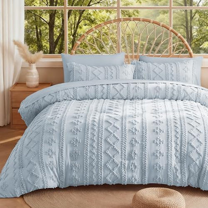 MR&HM 7 Pieces Comforter Set Full, Tufted Boho Farmhouse Bed Set Dusty Blue