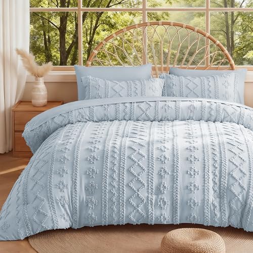 MR&HM Queen Comforter Set 7 Pieces, Tufted Boho Beddding Set Dusty Blue