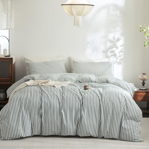 FOSSA Striped Duvet Cover Set 100% Washed Cotton Linen Feel King