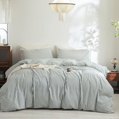 FOSSA Striped Duvet Cover Set 100% Washed Cotton Linen Feel King