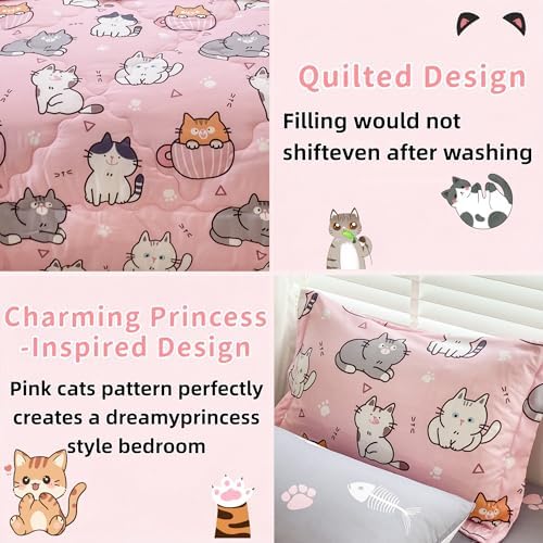 7 Piece Girls Cat Bedding Comforter Set Full Size for Kids Bed in A Bag Pink Cute Light Polyester Pet Cats Bedding Set for Teens and Young Girl