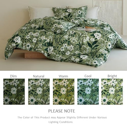 Floral Comforter Queen Size - 100% Cotton Green Comforter Set 3pcs, Leaf Print Soft Hypoallergenic Bedding Set