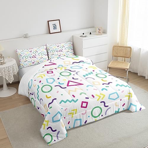 Manfei Memphis Comforter Set Full Size, Colorful Geometric Vintage Bedding Set 3pcs for Kids Boy Girls, Retro 80s or 90s Fashion Style Quilt Set Soft Polyester Duvet Set with 2 Pillowcases