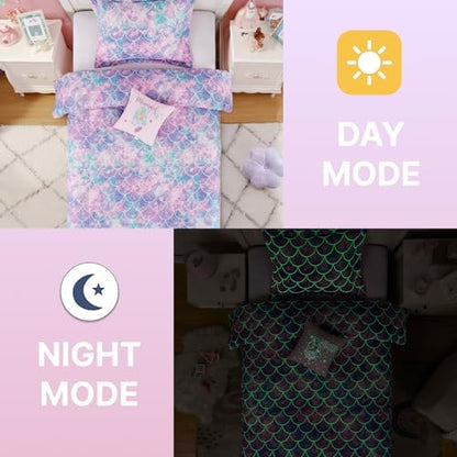 Queen Size Comforter Set for Girls-4 Pieces Mermaid Glow in the Dark