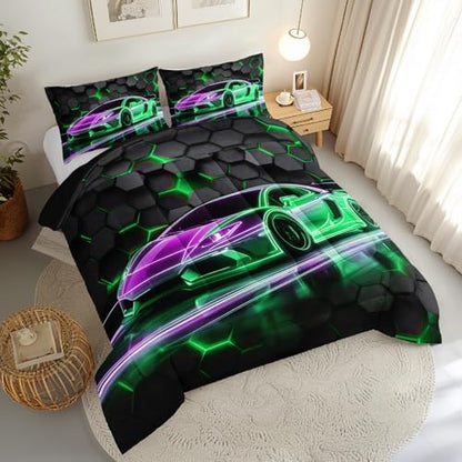 HOSIMA Kids Race Car King Comforter Sports Bedding with 2 Pillowcases.
