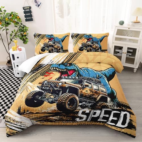 AILONEN Cartoon Monster Trucks Comforter Set Queen Size, Roaring Dinosaurs Bedding Set for Kids Boys,Extreme Sports Trucks Bed in a Bag,3 Pieces,1 Quilt and 2 Pillowcases
