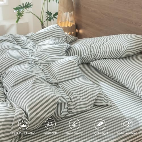 MooMee Striped Duvet Cover Set 100% Washed Cotton Linen Like Queen