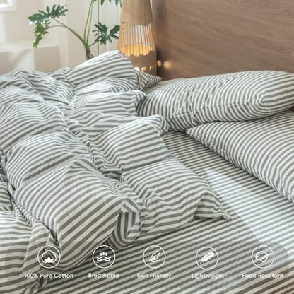 MooMee Striped Duvet Cover Set 100% Washed Cotton Linen Like Queen
