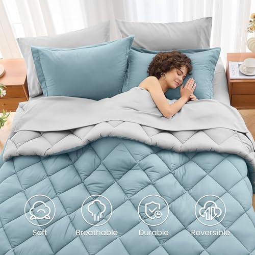 MUXHOMO 7 Pieces King Comforter Set, Reversible Bed in a Bag King Size, All Season Bedding Set with Comforter, Flat Sheet, Fitted Sheet, Pillowcases & Shams, Greyish Blue & Light Grey