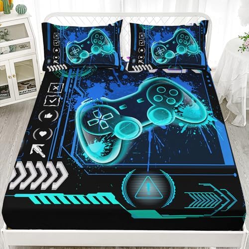 AILONEN Gamer Fitted Sheet Set Full Size, Blue Game Controller Boys Bedding Set Decor,Gamer Bed Sheet Set 3 Pieces Boys Sheet Set,Video Game Fitted Sheet and 2 Pillowcases