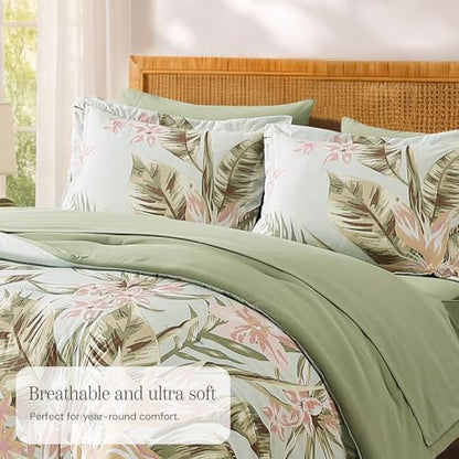 BLOOMHAVEN Queen Comforter Set-7 Pieces Green Floral Bed in a Bag Queen