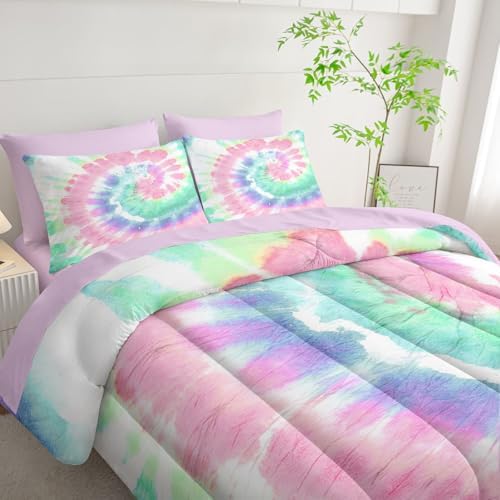 7Pcs Comforter Set Blue Pink Green Spiral Printed Bedding Set with 1 Comforter, 1 Flat Sheet, 1 Fitted Sheet and 4 Pillowcases for Boys and Girls Bedroom All Season(Spiral Twin)