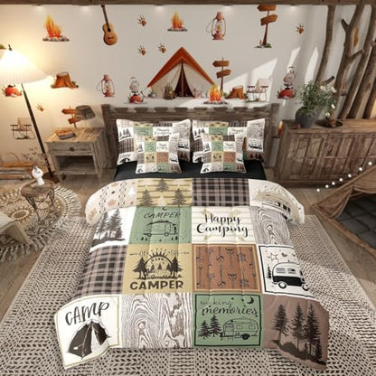 Erosebridal Happy Camping Comforter Set 7 Piece Rustic Cabin Camper Queen Bed in A Bag Rv Car Accessories for Travel Trailers Buffalo Plaid Arrow Pine Trees Bedding Set Travel Adventure Bed Set
