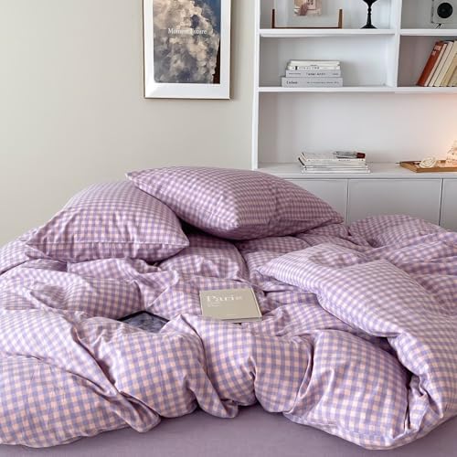 mixinni Purple Gingham Comforter Set Queen, Plaid Comforter Set 3 Pieces 1 Purple Grid Comfoter with 2 Pillow Cases for All Seasons, Soft Fluffy Modern Grid Pattern Printed Bedding-Queen Size