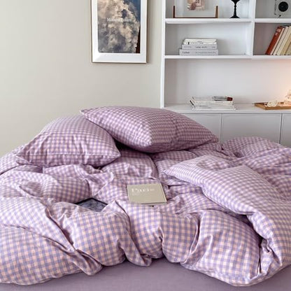 mixinni Purple Gingham Comforter Set Full, Plaid Comforter Set 3 Pieces 1 Purple Grid Comfoter with 2 Pillow Cases for All Seasons, Soft Fluffy Modern Grid Pattern Printed Bedding-Full Size