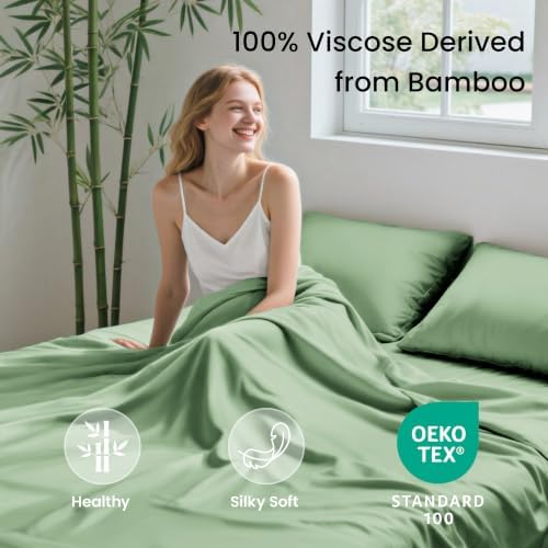 Love's cabin 4 Piece King Size Sheet Set, 100% Rayon Derived from Bamboo, Cooling & Breathable, Soft Silky Deep Pocket up to 16", Hotel Luxury Bedding for Hot Sleepers, Sage Green