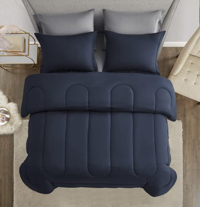 Maple&Stone Queen Comforter Set 7 Pieces Bed in a Bag Navy & Dark Grey
