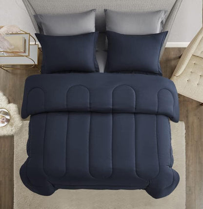Maple&Stone Queen Comforter Set 7 Pieces Bed in a Bag Navy & Dark Grey