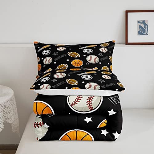 Baseball Football Bedding Set Queen Size Kids Ball Games Sports Comforter Set 3pcs Cartoon Rugby Star Bat Pattern Quilt Set for Teens Boys Men Room Decor Black Duvet Insert,2 Pillowcases