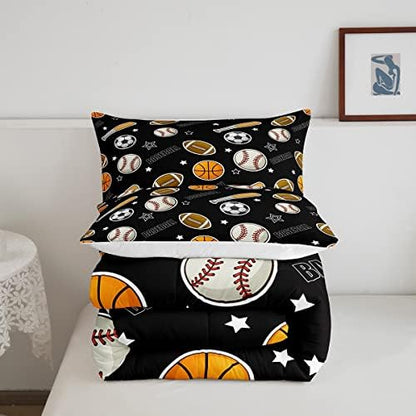 Baseball Football Bedding Set Queen Size Kids Ball Games Sports Comforter Set 3pcs Cartoon Rugby Star Bat Pattern Quilt Set for Teens Boys Men Room Decor Black Duvet Insert,2 Pillowcases