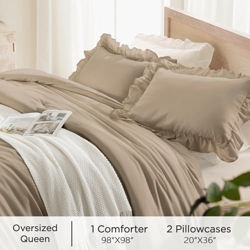 Andency Taupe Ruffle Comforter Oversized Queen, 3 Pcs Solid Farmhouse Bed
