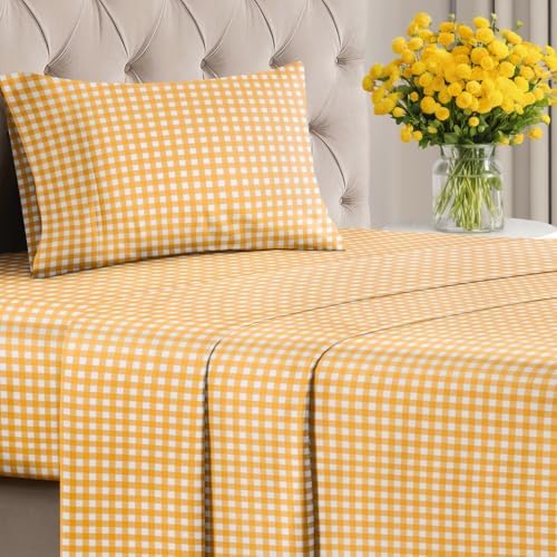 Twin XL 3 Piece Striped Sheet Set - Breathable & Cooling - Orange Gingham