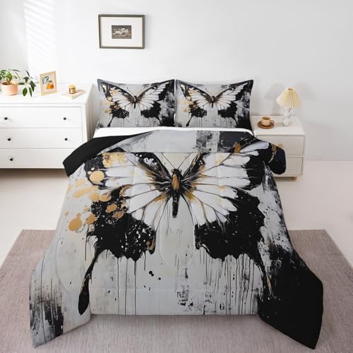 jejeloiu Butterfly Comforter Set King Size Kids Oil Painting Bedding Set for Boys Girls Teens Black White Duvet Breathable Animal Quilt Bedroom Decor,1 Comforter with 2 Pillowcase