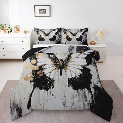 jejeloiu Butterfly Comforter Set King Size Kids Oil Painting Bedding Set for Boys Girls Teens Black White Duvet Breathable Animal Quilt Bedroom Decor,1 Comforter with 2 Pillowcase