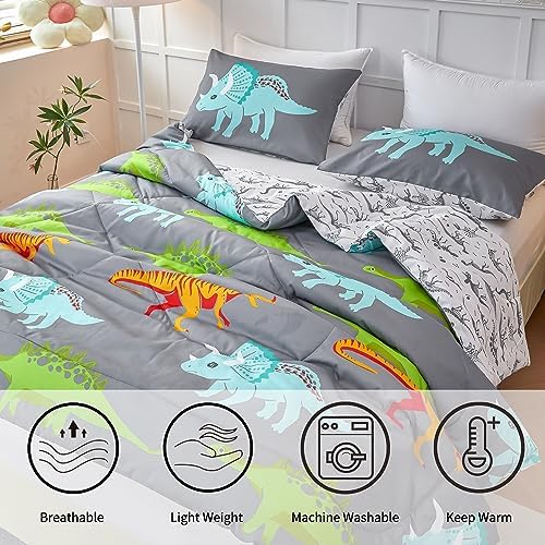 RYNGHIPY Dinosaur Kids Comforter Set Cartoon Dinosaur Bedding Sets for Boys 3 Pieces Queen Microfiber Comforter with Pillowcases Soft Lightweight (Dark Grey,Queen)