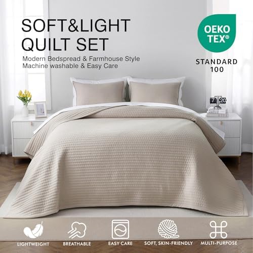 Oversized Queen Quilt Set 102 x 106 in, Lightweight, Oatmeal