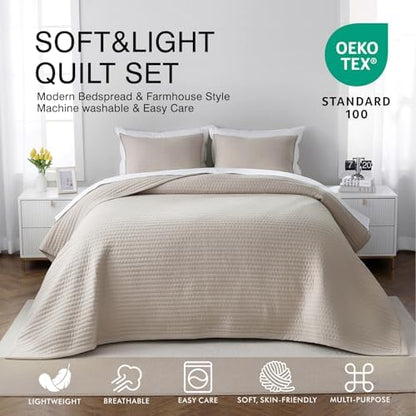 Oversized Queen Quilt Set 102 x 106 in, Lightweight, Oatmeal