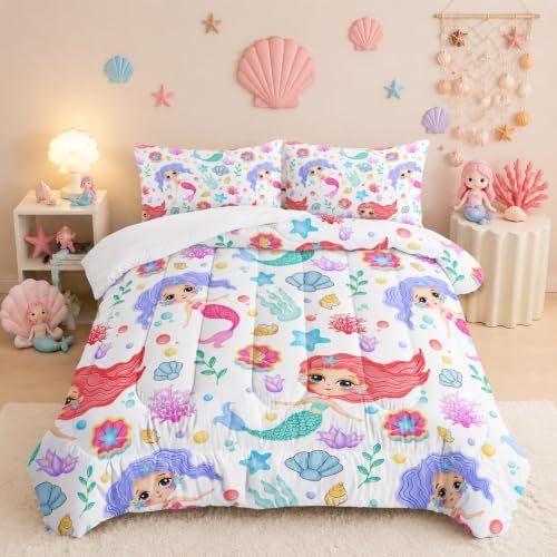 Mermaid Comforter Set Twin Size Fairy Tale Sea Shell Grass Bedding Set Starfish Quilt Bed Set for Kid Girls with 1 Comforter and 2 Pillowcases