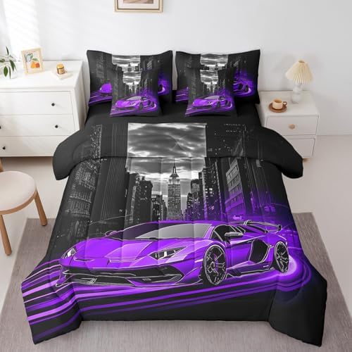Feelyou Purple Race Car Comforter Set with Sheets Queen Size Kids Speed Sports Car 7 Pieces Bedding Set Boys Girls Teens Racing Car Bed in a Bag Extreme Sports Street Bed Set Gothic Modern City