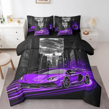 Feelyou Purple Race Car Comforter Set with Sheets Queen Size Kids Speed Sports Car 7 Pieces Bedding Set Boys Girls Teens Racing Car Bed in a Bag Extreme Sports Street Bed Set Gothic Modern City