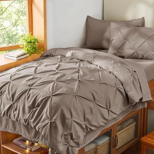 Sasttie Twin XL Comforter Set, 5-Piece Bed in a Bag, Pintuck Bedding Sets for All Season, Includes Comforter, Flat Sheet, Fitted Sheet, Pillowcase and Pillowsham, Dark Linen