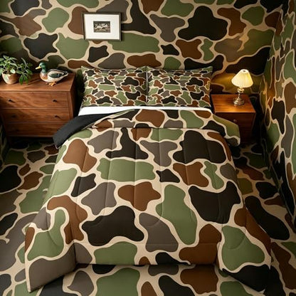 Feelyou Green Camo Kids Comforter Set Twin Size Camouflage Hunting Bedding Set Military Style Duvet Quilt for Kids Boys Girls Bedroom Army Green Decor Microfiber Ultra Soft Breathable